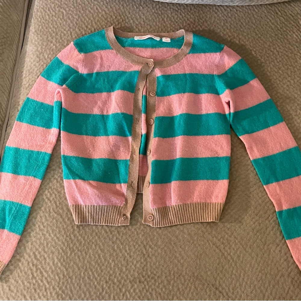 Wool Country Road Pink and Green Striped Kids Cardigan - girls size 10